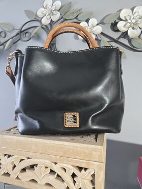 Dooney & Bourke Black Leather Satchel with Tan Handles